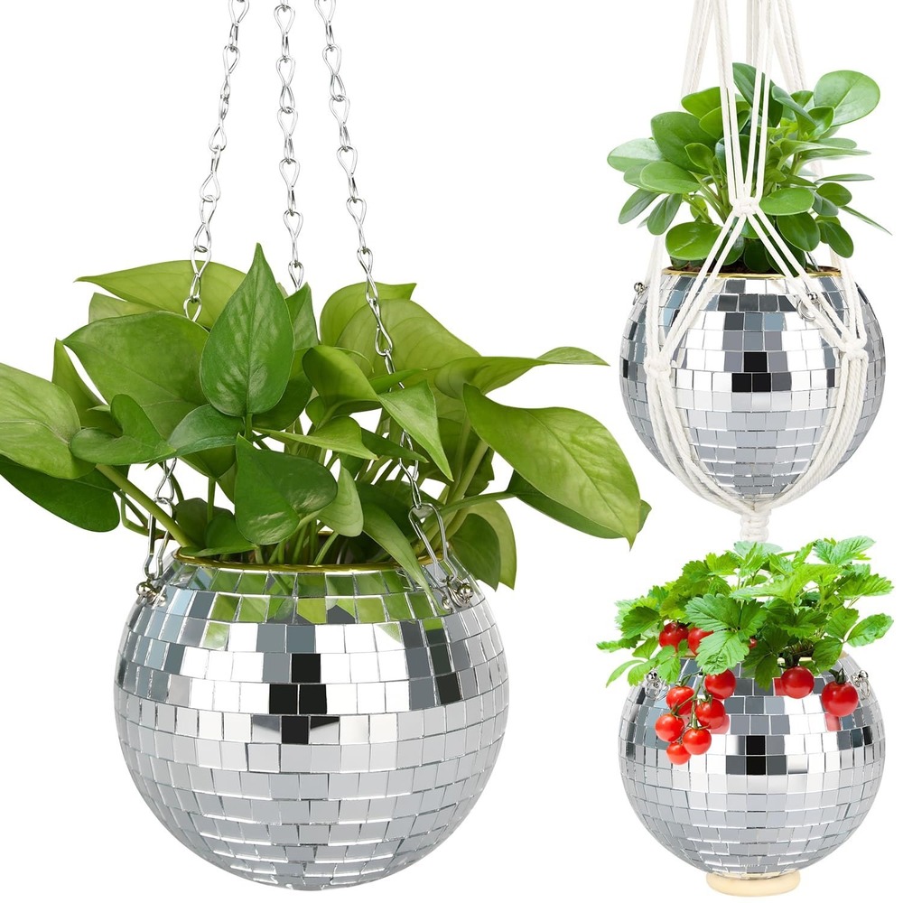NWT 6 Inch Disco Ball Mirror Plant Hanger Pot Chain Rope Hook Silver